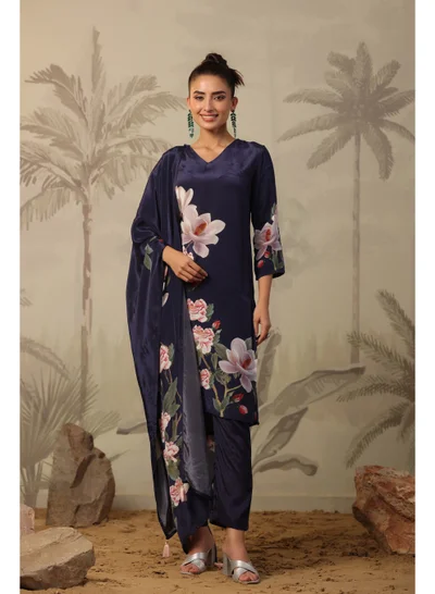 PRIYA’S PANACHE Navy Blue Crepe Silk Straight Kurta Set for Women with Dupatta – Indian Ethnic Wear, Floral Printed Kurti Set Festive Party Wear