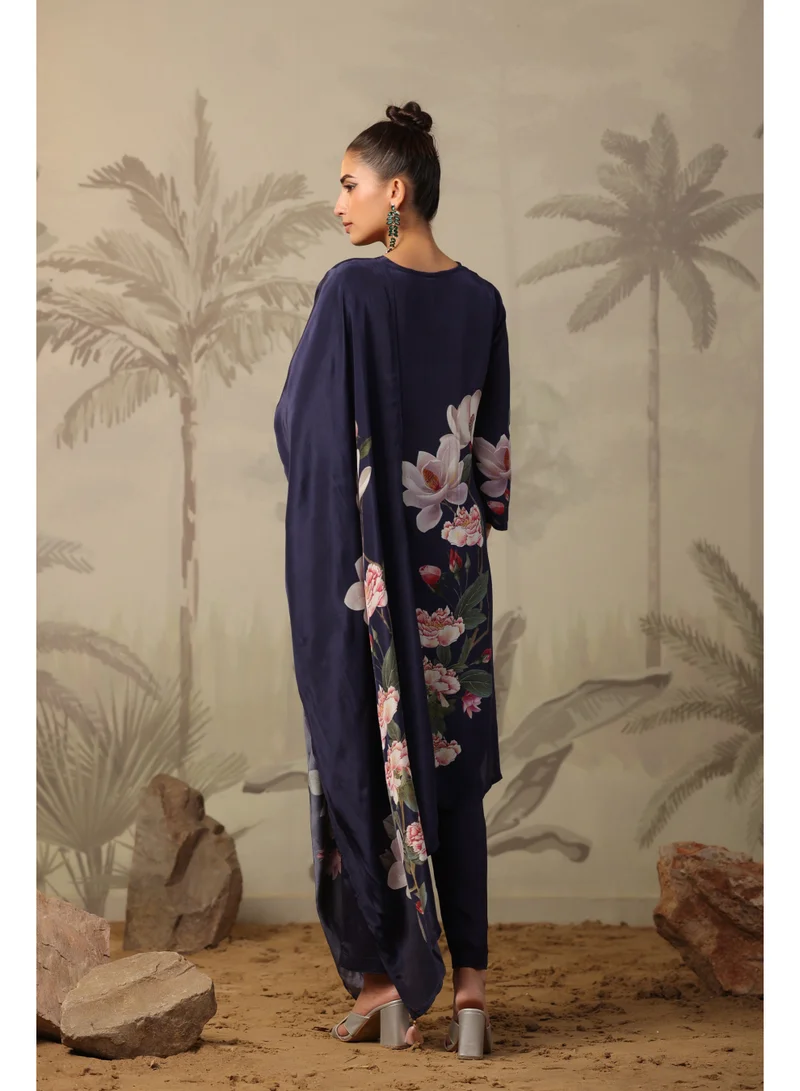 PRIYA’S PANACHE Navy Blue Navy Blue Crepe Silk Straight Kurta Set for Women with Dupatta – Indian Ethnic Wear, Floral Printed Kurti Set Festive Party Wear for Women | Best Price UAE