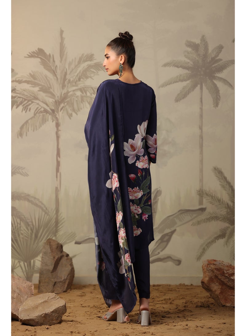PRIYA’S PANACHE Navy Blue Crepe Silk Straight Kurta Set for Women with Dupatta – Indian Ethnic Wear, Floral Printed Kurti Set Festive Party Wear - Image 3