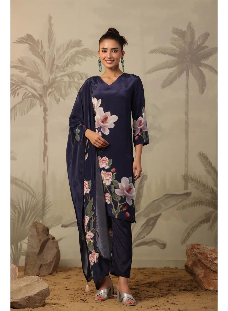 PRIYA’S PANACHE Navy Blue Navy Blue Crepe Silk Straight Kurta Set for Women with Dupatta – Indian Ethnic Wear, Floral Printed Kurti Set Festive Party Wear for Women | Best Price UAE