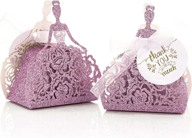 AdasBridal 50 قطعة من صناديق الهدايا الصغيرة اللامعة باللون الأرجواني، صندوق حلوى مقطوع بالليزر لحفلات الهدايا، نقش أميرة، مع شريط وبطاقات شكر، صندوق ورقي صغير للهدايا، حفلة استقبال المولود، حفلة الزفاف، حفلة الكوينس - Image 1