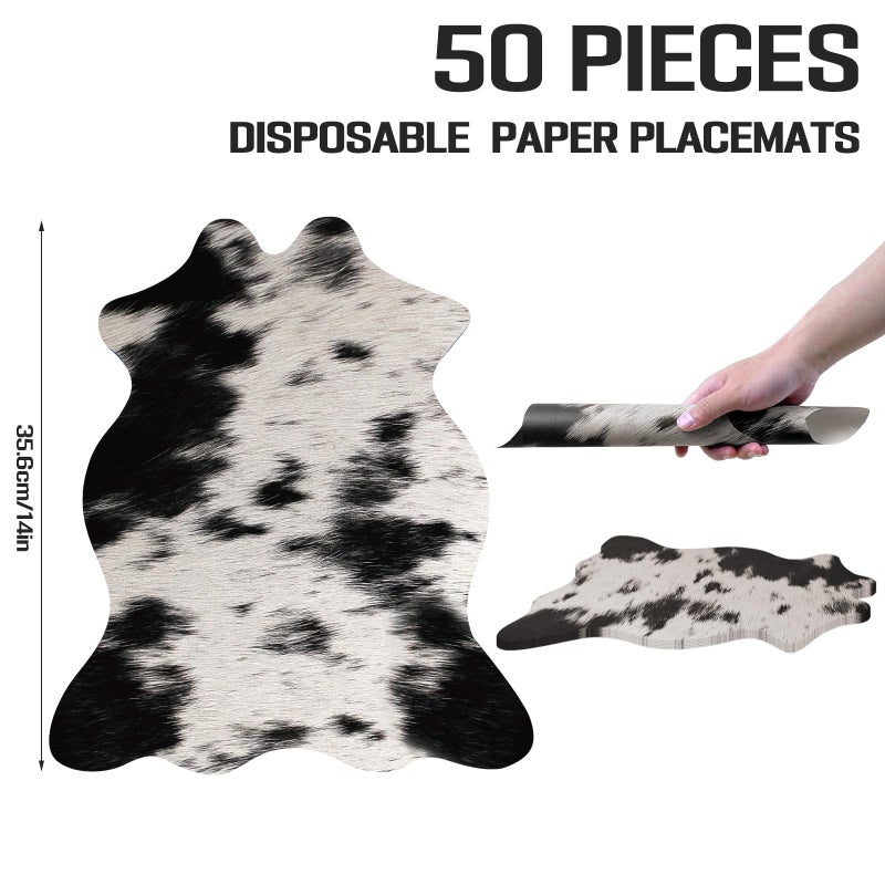 Kuabiz 50 Pcs Western Cow Print Place Mats Disposable Cowhide Print Paper Placemats Western Cow Prints Placemats for Holiday Banquet Kitchen Table Room Decor (Black White) - Image 2