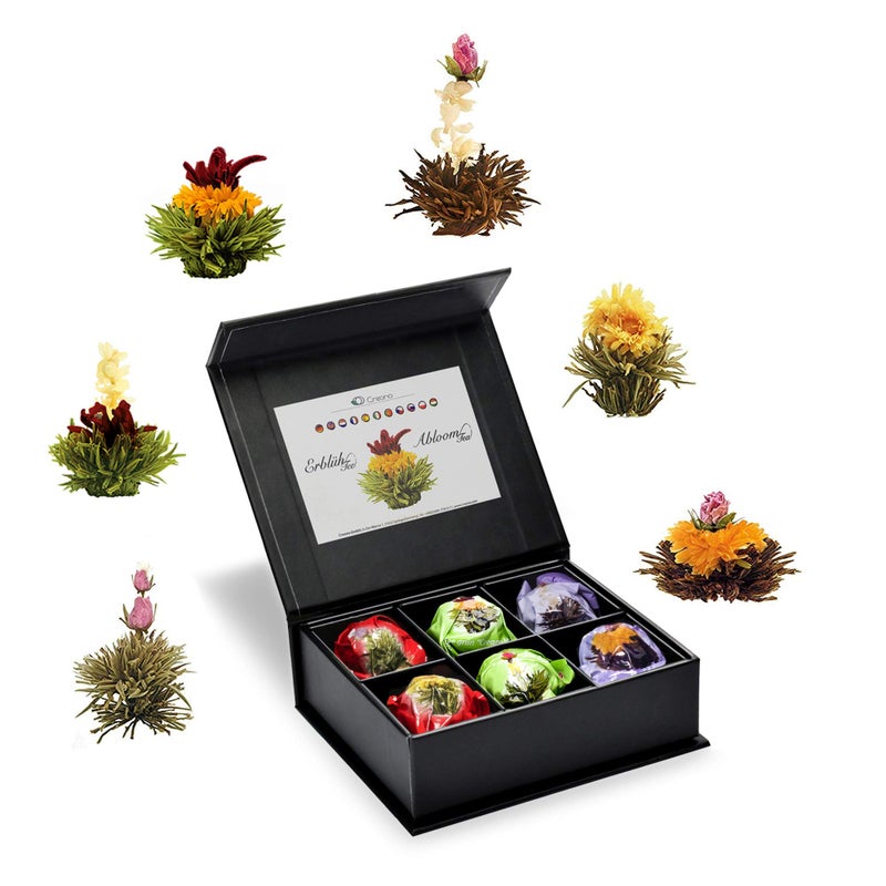 Creano Tea Flowers Mix 6pcs Set Blooming Tea, Green Tea, White Tea & Black Tea in Elegant Magnetic Box with Silver Embossing - Image 1