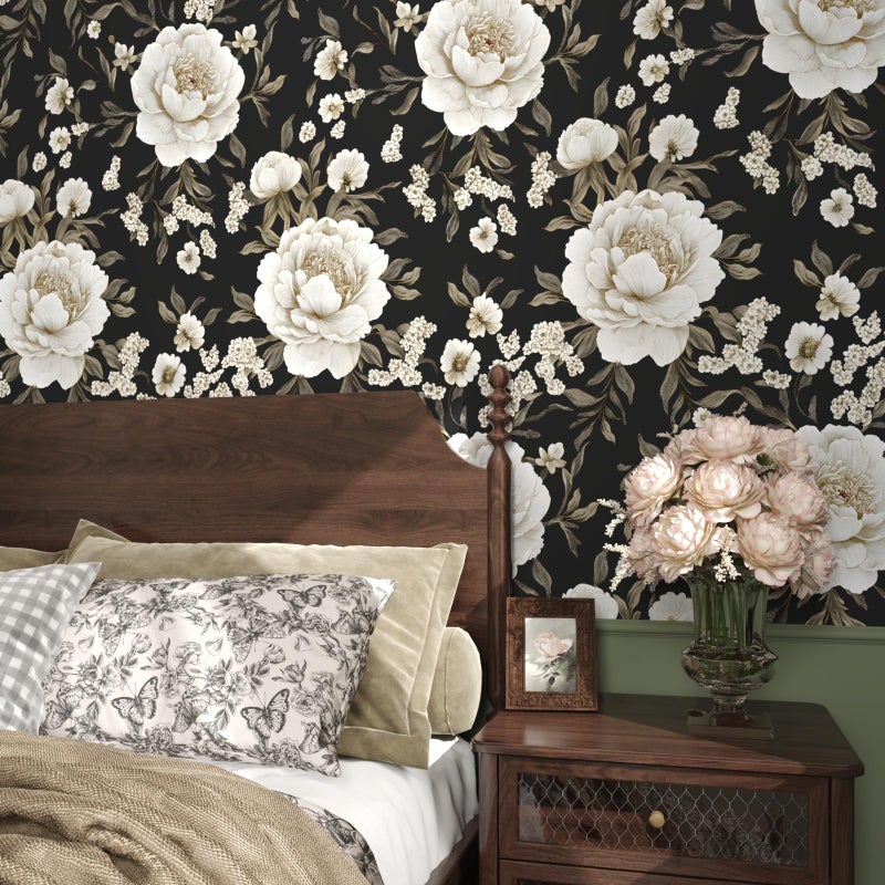 Laatse Boho Wallpaper Peel and Stick Dark Floral Wallpaper for Cabinet 17.5in x393in Vintage Contact Paper Waterproof Self Adhesive Modern Flowers Leaf Wall Paper for Room Walls Bathroom Decor - Image 2