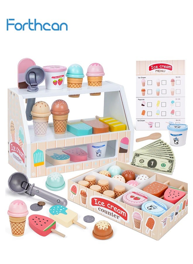 فورثكان مجموعة محل آيس كريم خشبية للأطفال – لعبة تمثيل أدوار محل بيع مع آلة كاشير، مصاصات، أكواب آيس كريم، وأموال – لعبة مطبخ تخيّلية، هدية ممتعة للأطفال - Image 1
