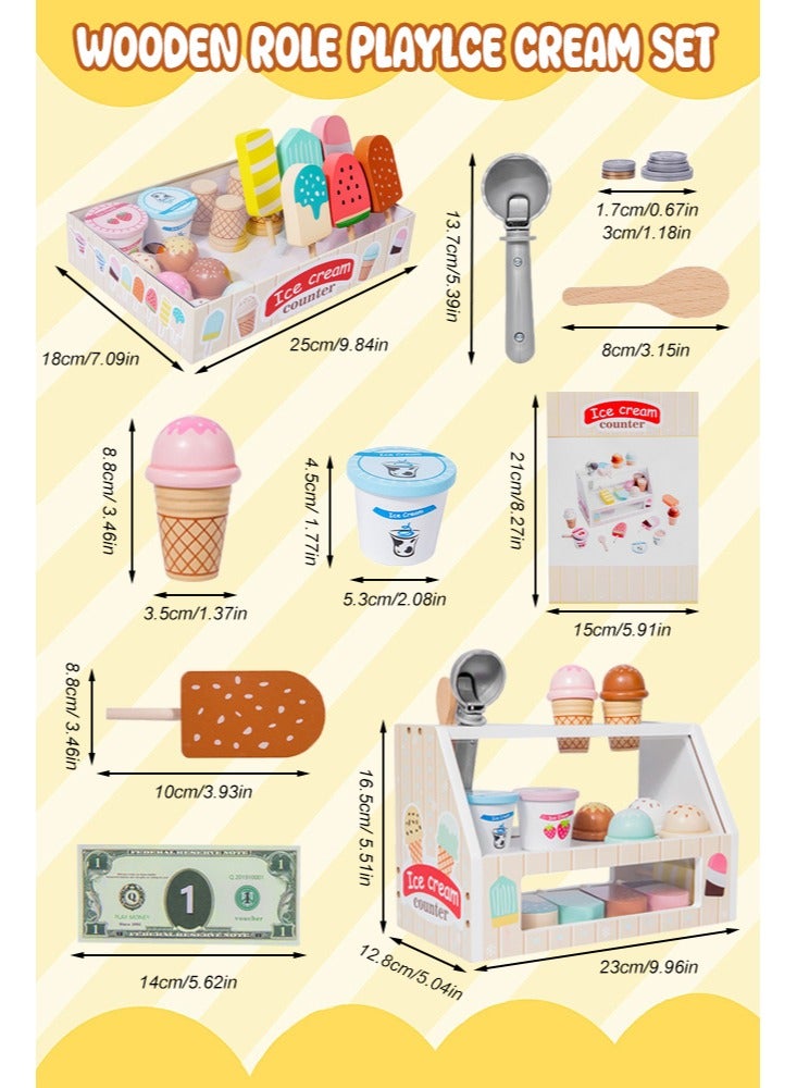 فورثكان مجموعة محل آيس كريم خشبية للأطفال – لعبة تمثيل أدوار محل بيع مع آلة كاشير، مصاصات، أكواب آيس كريم، وأموال – لعبة مطبخ تخيّلية، هدية ممتعة للأطفال - Image 4