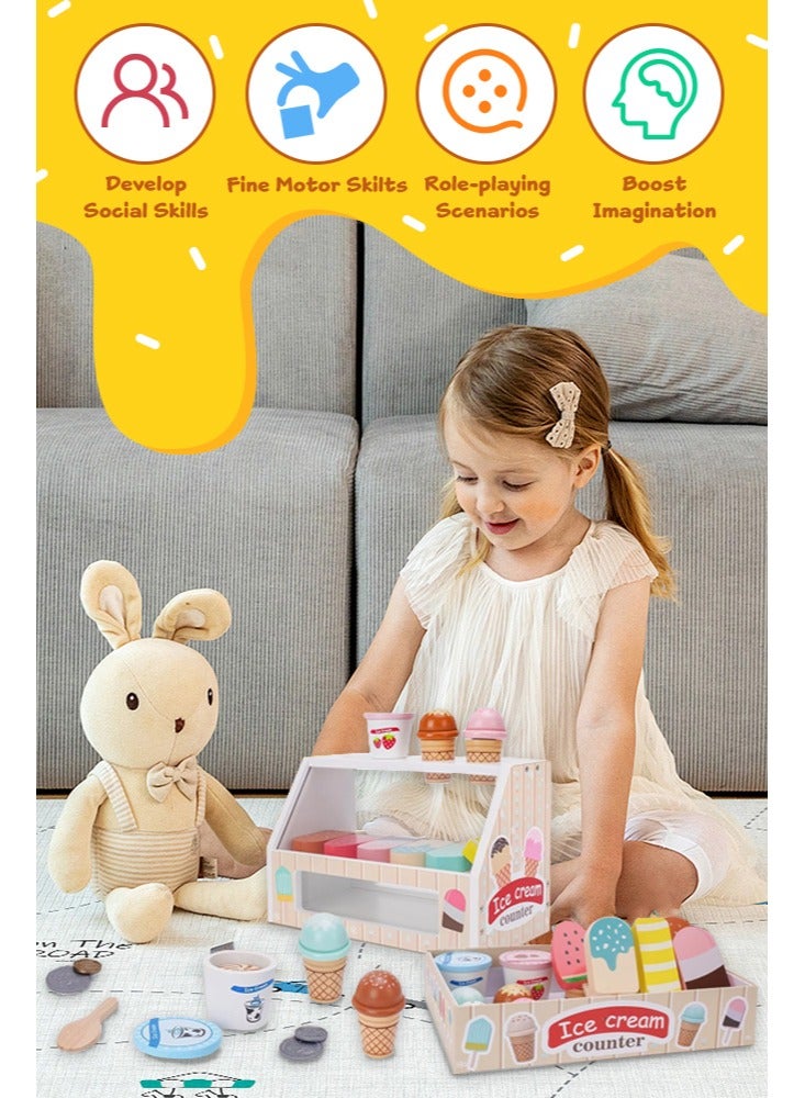 فورثكان مجموعة محل آيس كريم خشبية للأطفال – لعبة تمثيل أدوار محل بيع مع آلة كاشير، مصاصات، أكواب آيس كريم، وأموال – لعبة مطبخ تخيّلية، هدية ممتعة للأطفال - Image 5