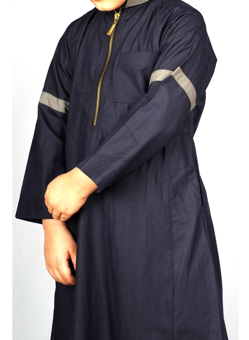 Sadaf Dark Blue Saudi Thobe for children - Image 3