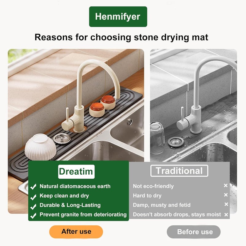 Henmifyer Store حصيرة صنبور الحجر لمغسلة المطبخ، حصيرة تجفيف من الطين الدياتومي وحماة المغسلة، واقي رذاذ الماء للمغسلة، صينية حجرية غير قابلة للانزلاق تمتص الماء بسرعة وتمنع الرطوبة لمكتب المطبخ والحمام - Image 5