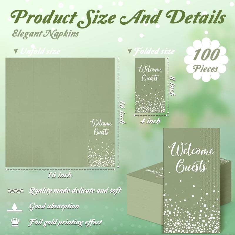Hotop 200 Pcs Welcome Guests Napkins Disposable Hand Towels for Bathroom Wedding Napkins Elegant Guests Towels for Powder Room Holiday Anniversary Birthday Party Baby Bridal Shower Decorative Towel (Green) - Image 3
