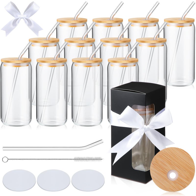طقم تينسي 12 مجموعة زجاجات فارغة للطباعة الحرارية 16 أونصة علبة بيرة شفافة مع أغطية من الخيزران وقش زجاجي 12 صندوق هدايا أكواب زجاجية أكواب قهوة عصير هدايا DIY باللون الأسود