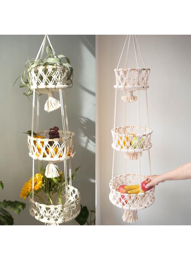 Bluejw Cotton Rope Hand-woven Tapestry Bamboo Ring Net Pocket Fruit Hanging Basket Bohemian Style Decorative Plant Flower Basket - Image 2