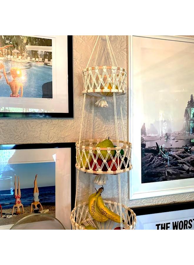 Bluejw Cotton Rope Hand-woven Tapestry Bamboo Ring Net Pocket Fruit Hanging Basket Bohemian Style Decorative Plant Flower Basket - Image 3