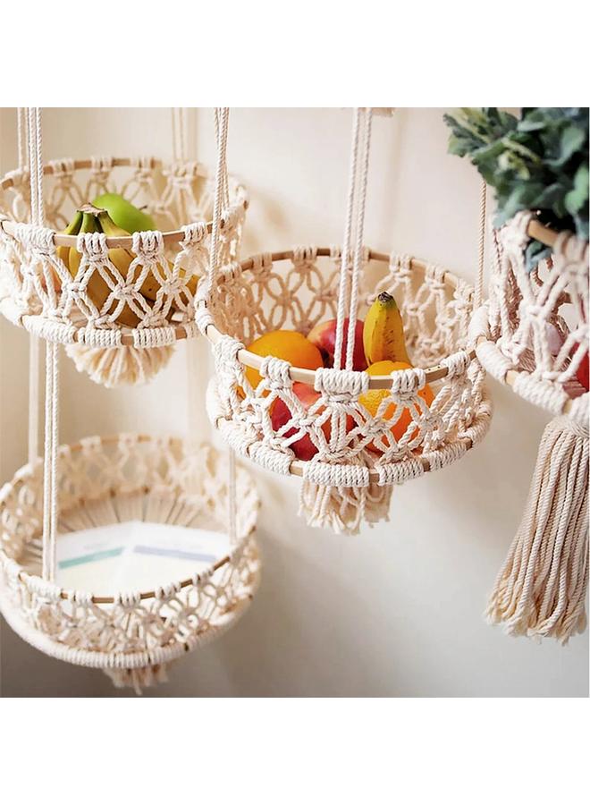 Bluejw Cotton Rope Hand-woven Tapestry Bamboo Ring Net Pocket Fruit Hanging Basket Bohemian Style Decorative Plant Flower Basket - Image 4