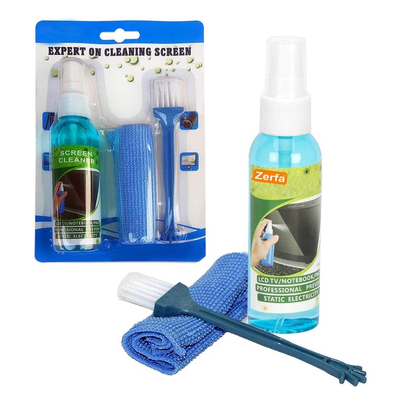 Zerfa Screen Display 3 in 1 Screen Cleaning kit with Spray Cloth Brush Clean Tool for Laptop Computer Mobiles LCD LED Screen Cleaner 3 in 1 Screen Cleaning Spray with Cloth Brush Clean Tool - Image 1