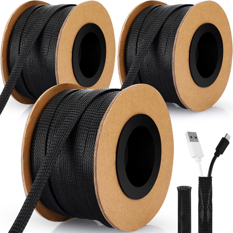 Pangda 300 Feet 1/4, 1/2, 3/8 Inches Wire Loom PET Expandable Braided Sleeving Braided Sleeve for TV, Computer, Home Theater(Black) - Image 1