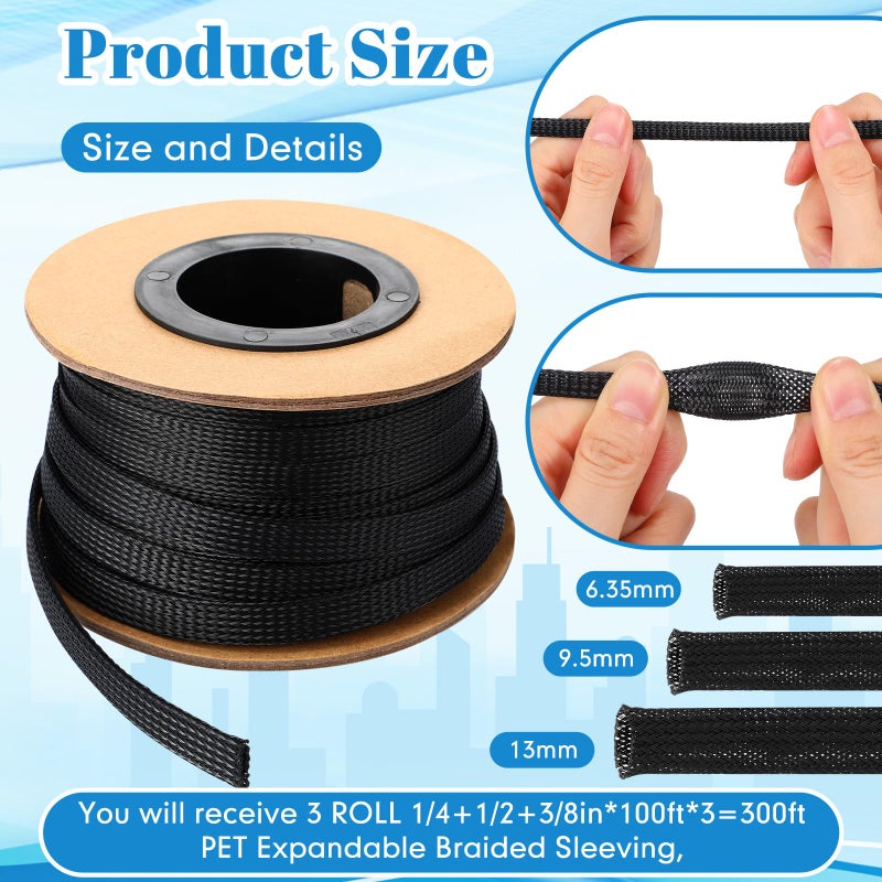 Pangda 300 Feet 1/4, 1/2, 3/8 Inches Wire Loom PET Expandable Braided Sleeving Braided Sleeve for TV, Computer, Home Theater(Black) - Image 2
