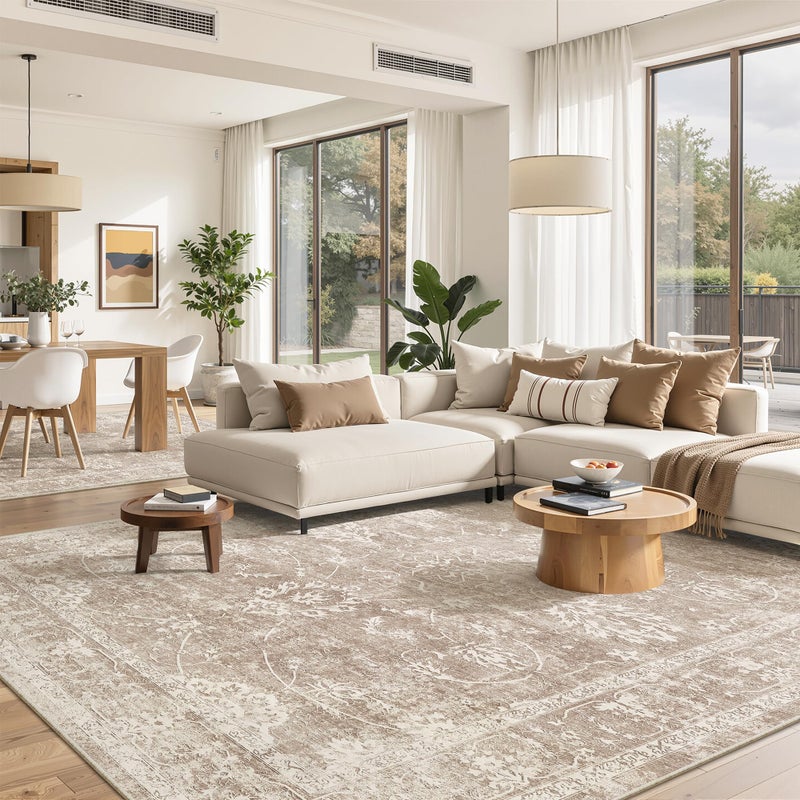 Madane 8x10 Area Rugs for Living Room, Machine Washable Vintage Rug with Non-Slip Backing, Soft Floral Print Large Throw Rugs, Thin Carpet for Bedroom Dining Room Farmhouse (8 x 10, Brown/Sand) - Image 1