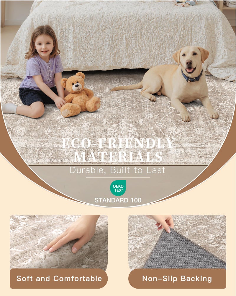 Madane 8x10 Area Rugs for Living Room, Machine Washable Vintage Rug with Non-Slip Backing, Soft Floral Print Large Throw Rugs, Thin Carpet for Bedroom Dining Room Farmhouse (8 x 10, Brown/Sand) - Image 5