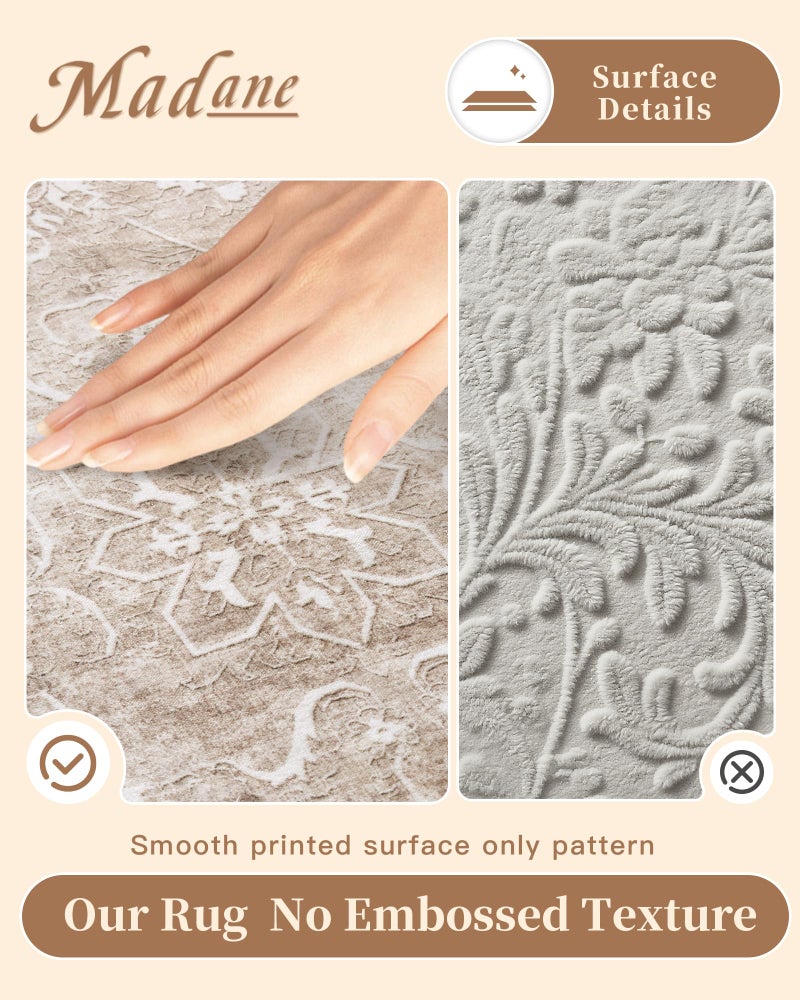 Madane 8x10 Area Rugs for Living Room, Machine Washable Vintage Rug with Non-Slip Backing, Soft Floral Print Large Throw Rugs, Thin Carpet for Bedroom Dining Room Farmhouse (8 x 10, Brown/Sand) - Image 4