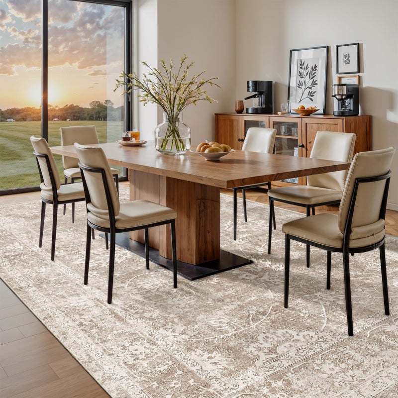 Madane 8x10 Area Rugs for Living Room, Machine Washable Vintage Rug with Non-Slip Backing, Soft Floral Print Large Throw Rugs, Thin Carpet for Bedroom Dining Room Farmhouse (8 x 10, Brown/Sand) - Image 3