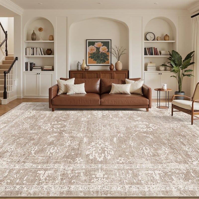 Madane 8x10 Area Rugs for Living Room, Machine Washable Vintage Rug with Non-Slip Backing, Soft Floral Print Large Throw Rugs, Thin Carpet for Bedroom Dining Room Farmhouse (8 x 10, Brown/Sand) - Image 2