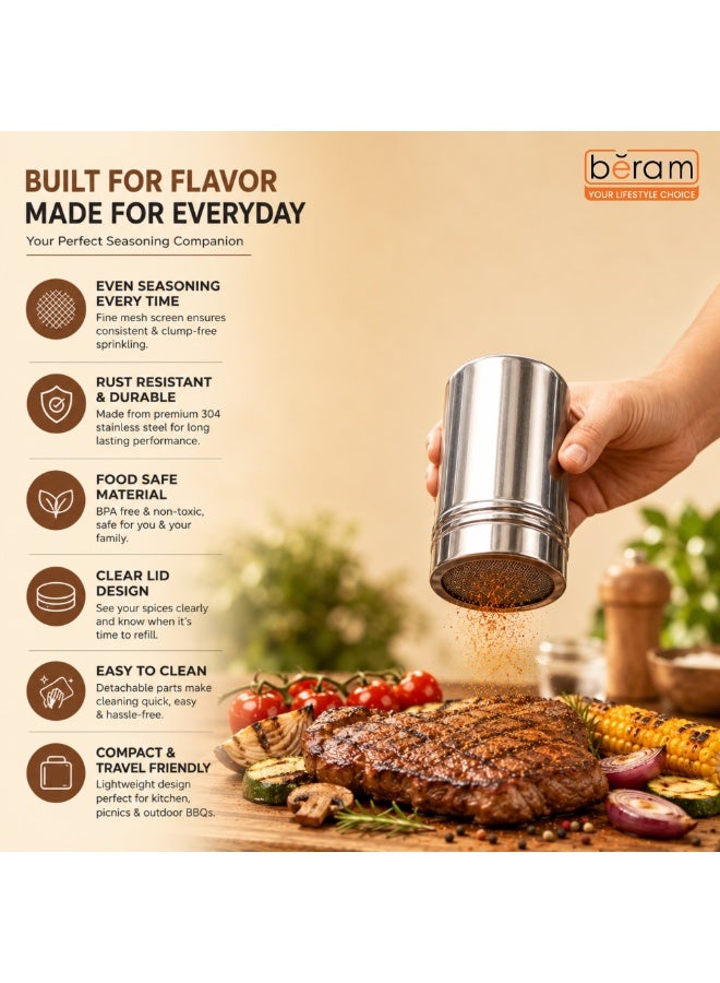 BERAM Stainless Steel Sugar Shaker with Fine Mesh Lid – Powder Sugar Duster, Cocoa Shaker, Cinnamon Dispenser, Spice Sprinkler, Seasoning Container for Coffee, Baking, Desserts, BBQ & Kitchen - Image 3