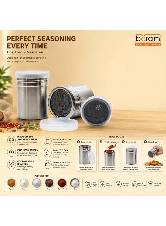 BERAM Stainless Steel Sugar Shaker with Fine Mesh Lid – Powder Sugar Duster, Cocoa Shaker, Cinnamon Dispenser, Spice Sprinkler, Seasoning Container for Coffee, Baking, Desserts, BBQ & Kitchen - Image 2