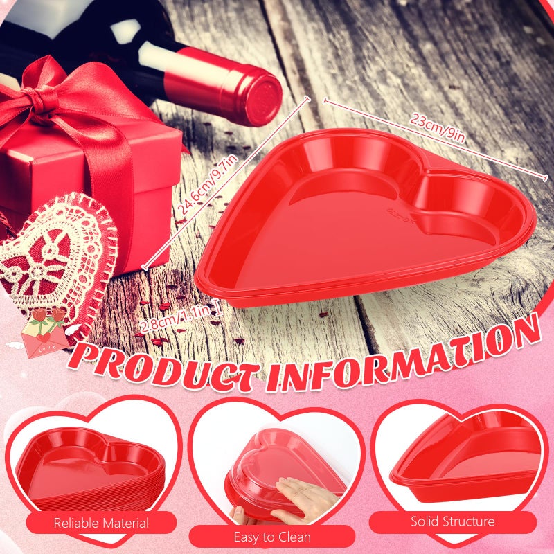 ywmigl 6 Pcs Red Heart Shaped Serving Tray Platter Valentine's Day Heart Disposable Plates Plastic Dessert Plates Snack Tray with Clear Lids for Valentine Party Table Decoration Fruits Dinner - Image 2