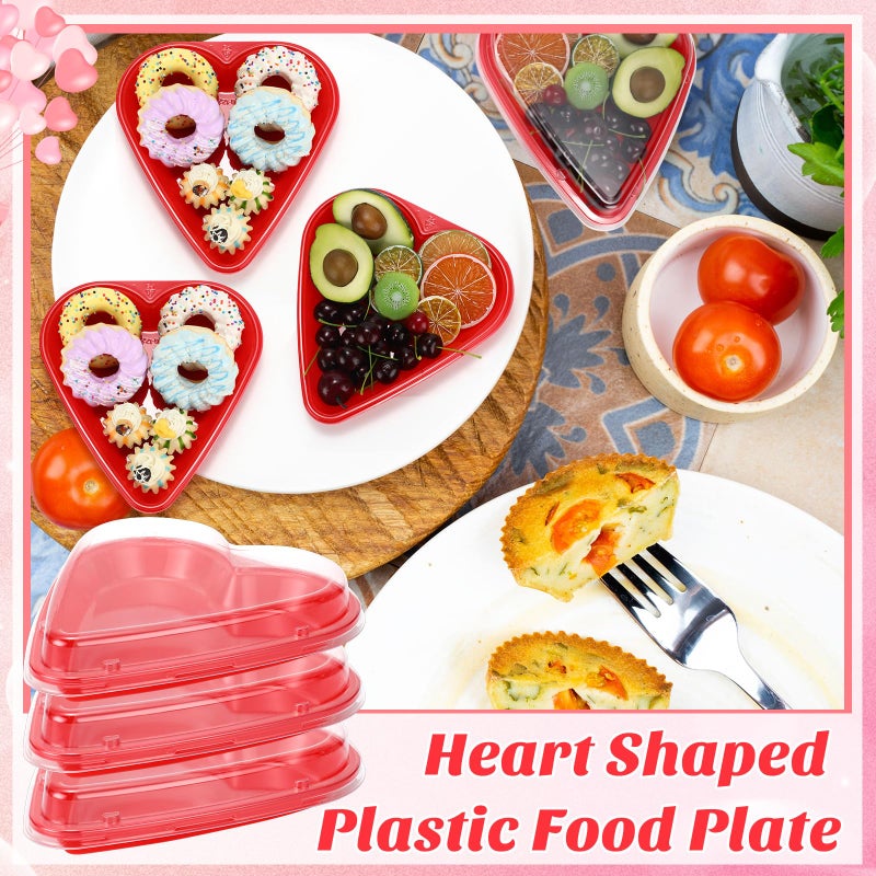 ywmigl 6 Pcs Red Heart Shaped Serving Tray Platter Valentine's Day Heart Disposable Plates Plastic Dessert Plates Snack Tray with Clear Lids for Valentine Party Table Decoration Fruits Dinner - Image 4