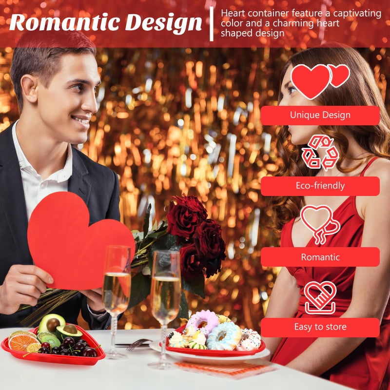 ywmigl 6 Pcs Red Heart Shaped Serving Tray Platter Valentine's Day Heart Disposable Plates Plastic Dessert Plates Snack Tray with Clear Lids for Valentine Party Table Decoration Fruits Dinner - Image 3