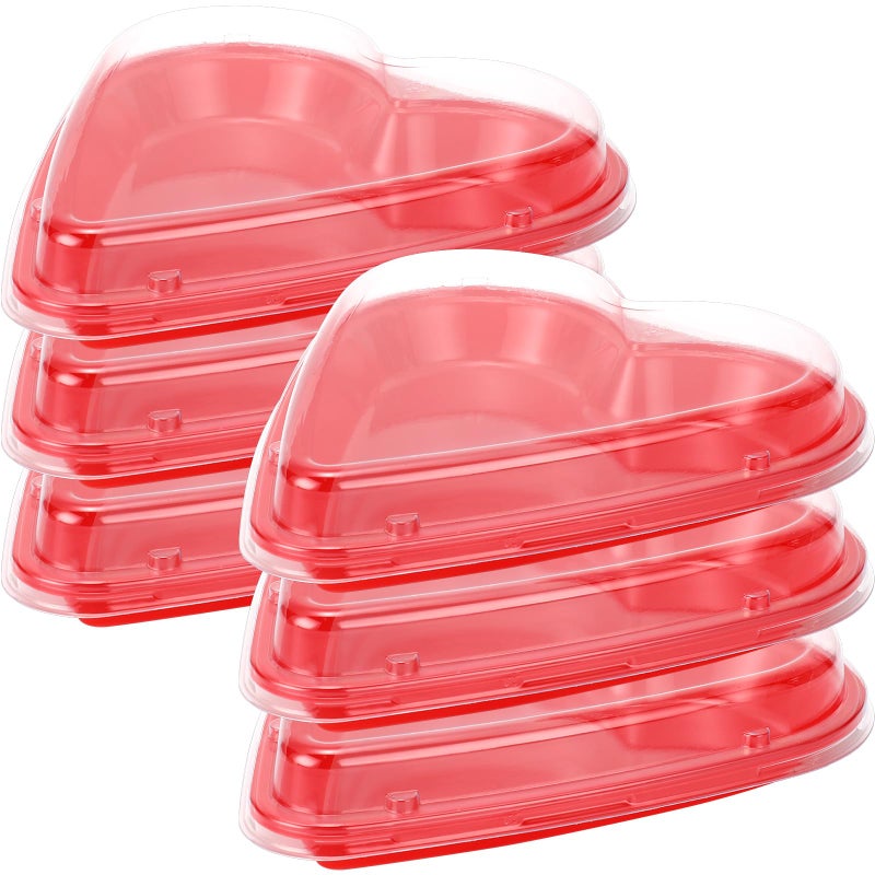 ywmigl 6 Pcs Red Heart Shaped Serving Tray Platter Valentine's Day Heart Disposable Plates Plastic Dessert Plates Snack Tray with Clear Lids for Valentine Party Table Decoration Fruits Dinner - Image 1