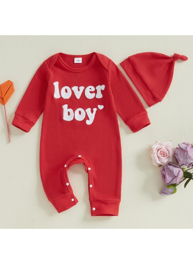 Lesimsam Newborn Infant Baby Boy Valentines Day Outfit Lover Boy Embroidery Long Sleeve Waffle Knit Romper Jumpsuit with Hat (Red, Newborn) - Image 2