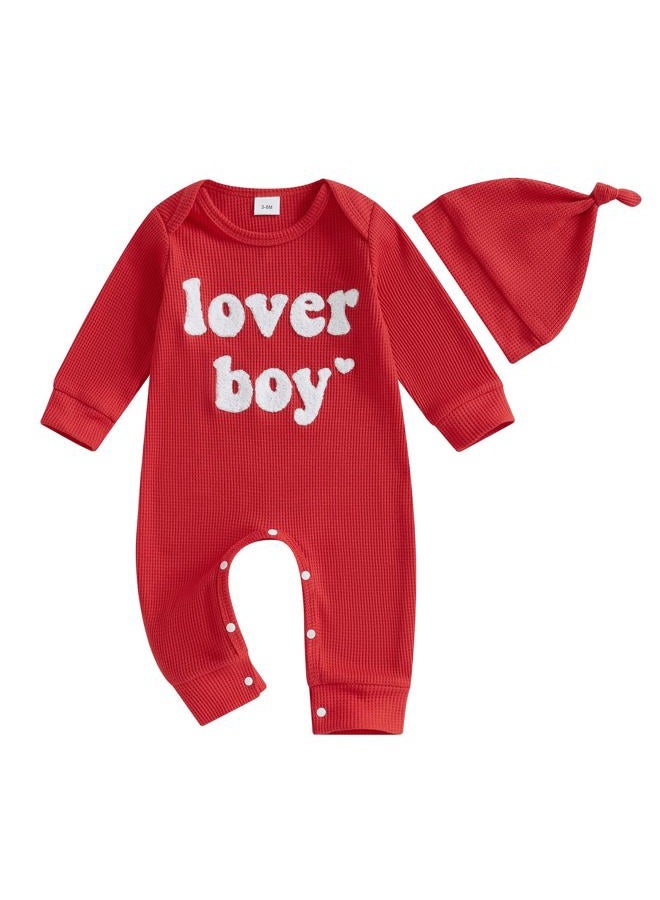 Lesimsam Newborn Infant Baby Boy Valentines Day Outfit Lover Boy Embroidery Long Sleeve Waffle Knit Romper Jumpsuit with Hat (Red, Newborn) - Image 1