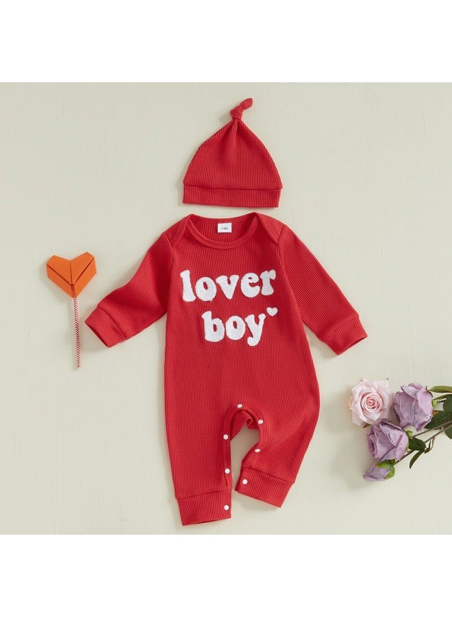 Lesimsam Newborn Infant Baby Boy Valentines Day Outfit Lover Boy Embroidery Long Sleeve Waffle Knit Romper Jumpsuit with Hat (Red, Newborn) - Image 4