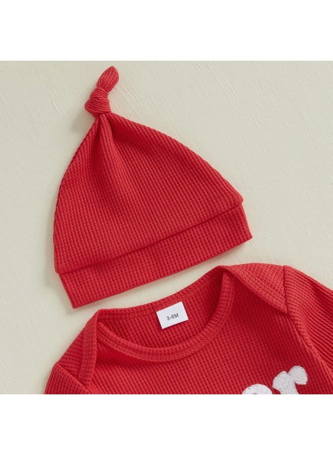 Lesimsam Newborn Infant Baby Boy Valentines Day Outfit Lover Boy Embroidery Long Sleeve Waffle Knit Romper Jumpsuit with Hat (Red, Newborn) - Image 5