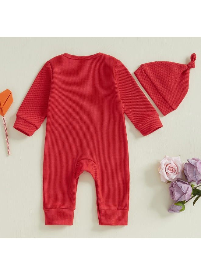 Lesimsam Newborn Infant Baby Boy Valentines Day Outfit Lover Boy Embroidery Long Sleeve Waffle Knit Romper Jumpsuit with Hat (Red, Newborn) - Image 3