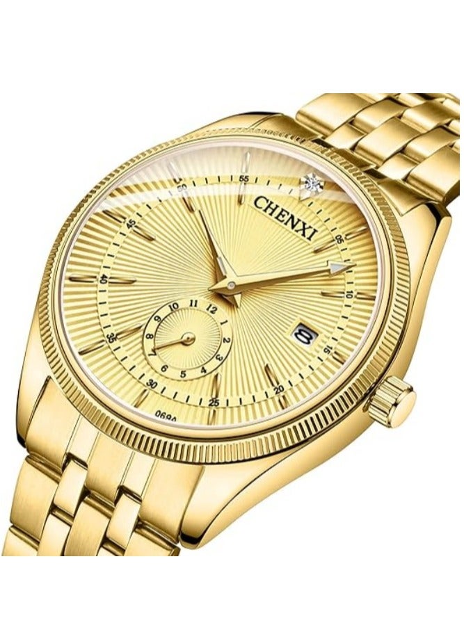 Chenxi Men's Luxury Analog Quartz Gold Wrist Watches Business Stainless Steel Band Dress Wrist Watch Classic Calendar Date Window 3ATM Water Resistant - Image 2