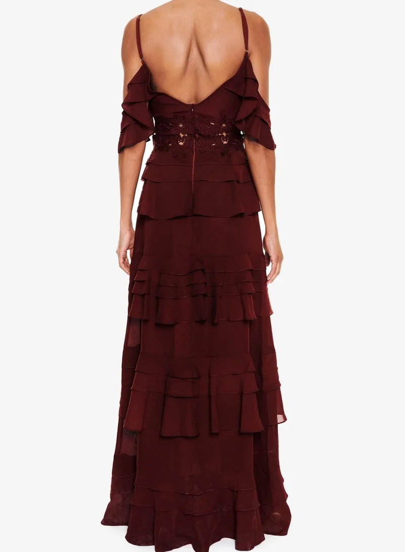 True Decadence Olivia Burgundy Cold-Shoulder Tiered Ruffle Maxi-Dress