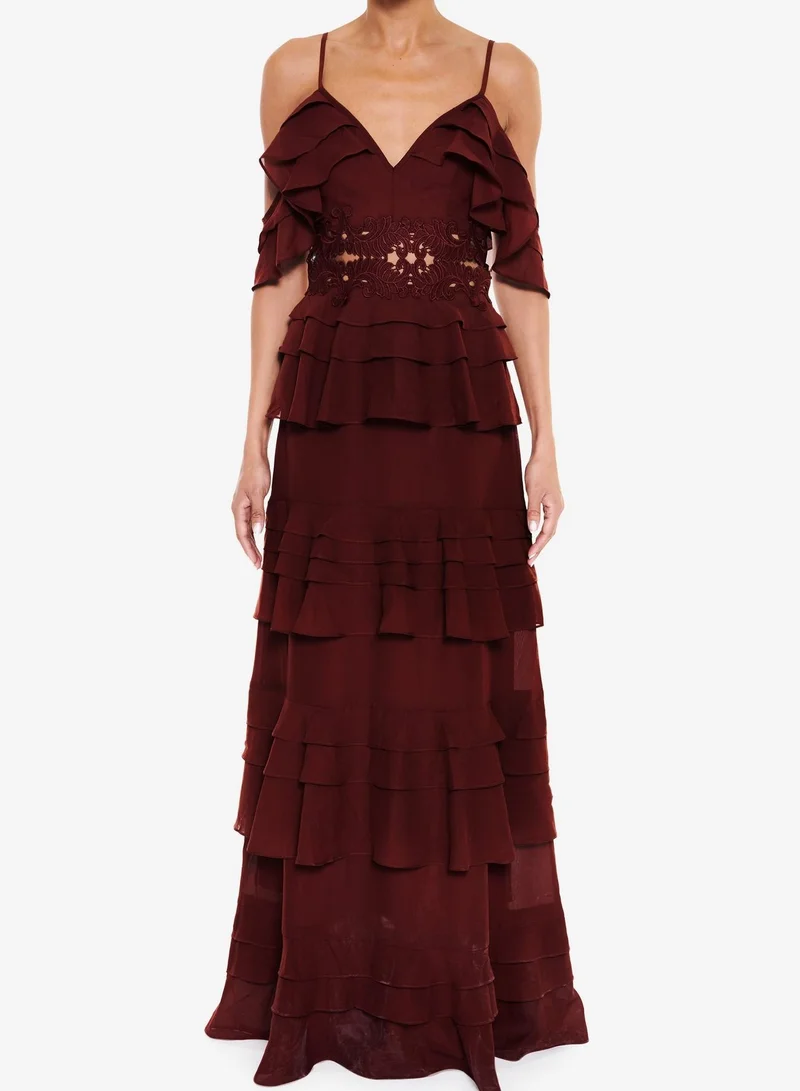 True Decadence Olivia Burgundy Cold-Shoulder Tiered Ruffle Maxi-Dress