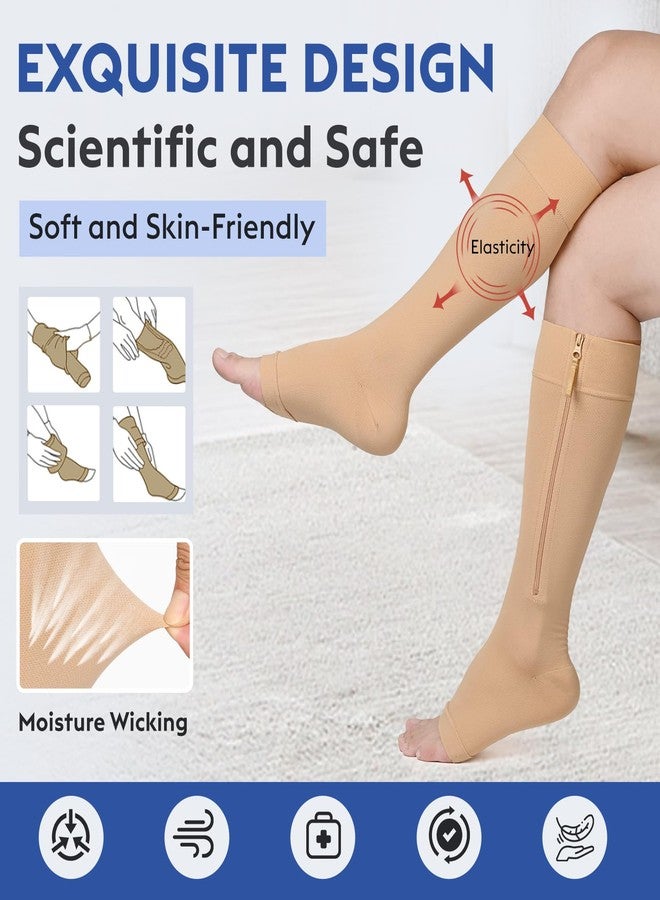 KEKING® Zipper Compression Socks for Men Women, Open Toe, 20-30mmHg Firm Support Knee High Zipper Compression Stockings for Wide Calf - Varicose Veins, DVT, Shin Splints, Edema, Nursing, Beige M - Image 2