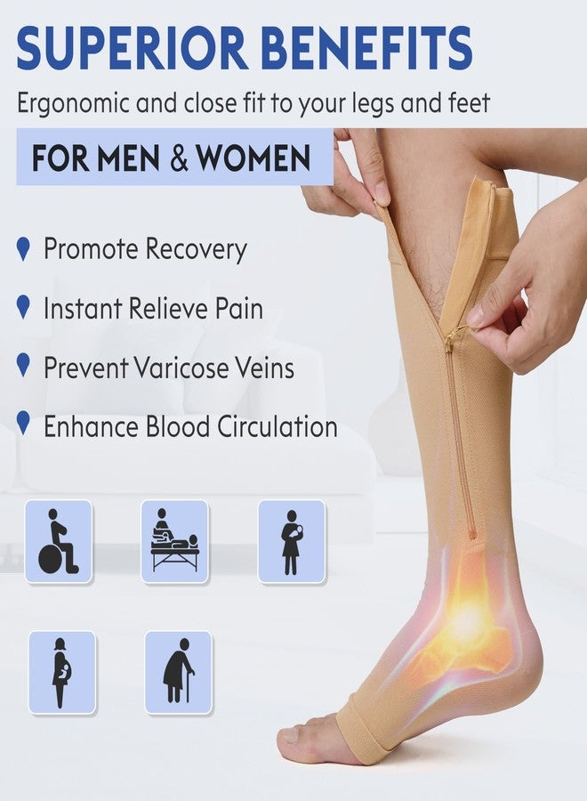 KEKING® Zipper Compression Socks for Men Women, Open Toe, 20-30mmHg Firm Support Knee High Zipper Compression Stockings for Wide Calf - Varicose Veins, DVT, Shin Splints, Edema, Nursing, Beige M - Image 4
