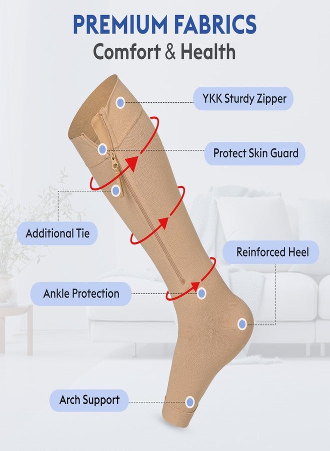 KEKING® Zipper Compression Socks for Men Women, Open Toe, 20-30mmHg Firm Support Knee High Zipper Compression Stockings for Wide Calf - Varicose Veins, DVT, Shin Splints, Edema, Nursing, Beige M - Image 3