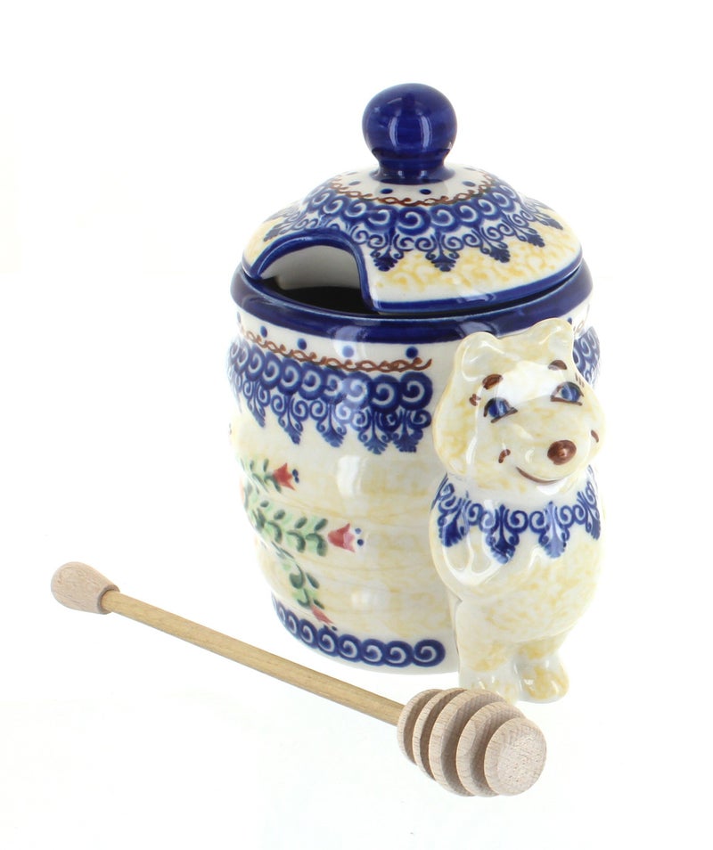 Blue Rose Polish Pottery Orange Autumn Burst Honey Pot 6 Tall Ceramic Honey Jar with Lid Wooden Dipper