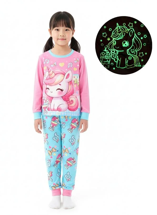 babyqlo Unicorn Print Girls Glow in the Dark Pajama Set