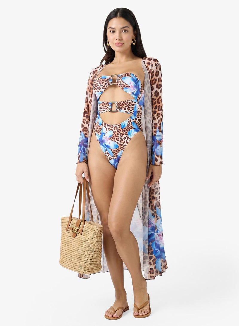 Ginger 3Pc Floral Leopard Print Bikini Set With Cover Up Kimono - Image 1