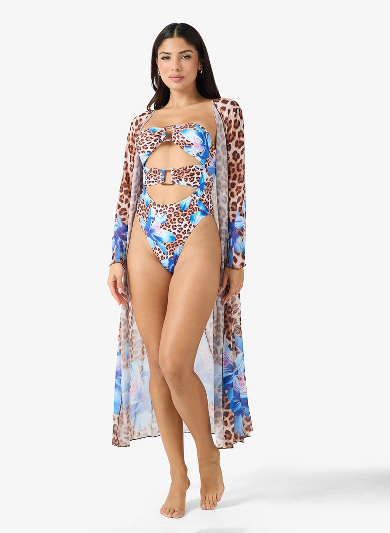 Ginger 3Pc Floral Leopard Print Bikini Set With Cover Up Kimono - Image 5