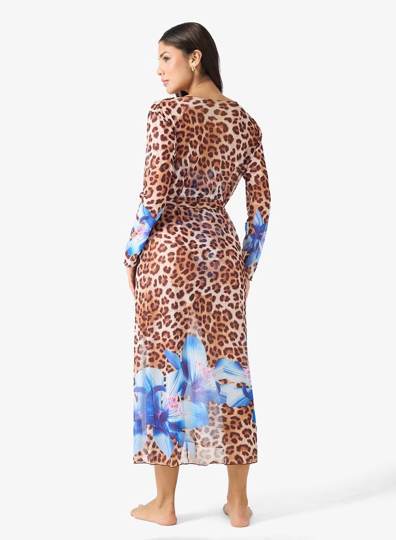 Ginger 3Pc Floral Leopard Print Bikini Set With Cover Up Kimono - Image 3