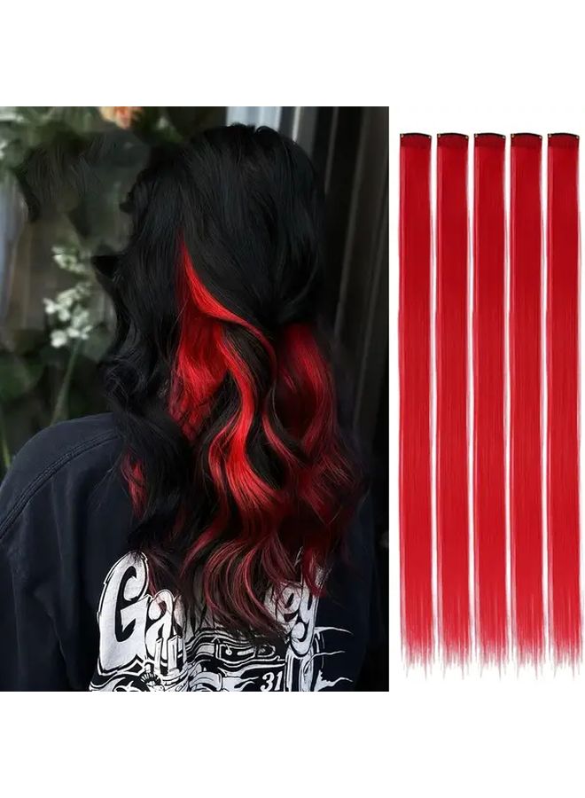 5 قطع مشابك شعر حمراء ملحقة بطول 20 بوصة، شعر مستقيم مقاوم للحرارة، إكسسوارات شعر ملونة خرافية للنساء للاستخدام اليومي والحفلات التنكرية - Image 3