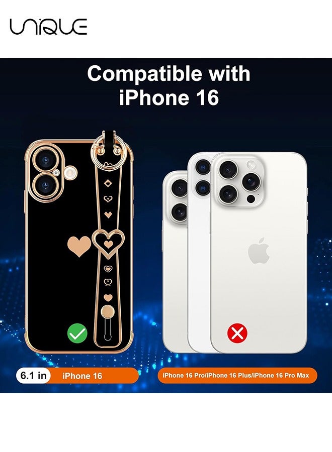 Unique Compatible with iPhone 16 Case, Adjustable Wrist Strap Kickstand, Cute Heart Luxury Gold Plating Bumper, Women Girl Men Protective Case Cover, Black - Image 2